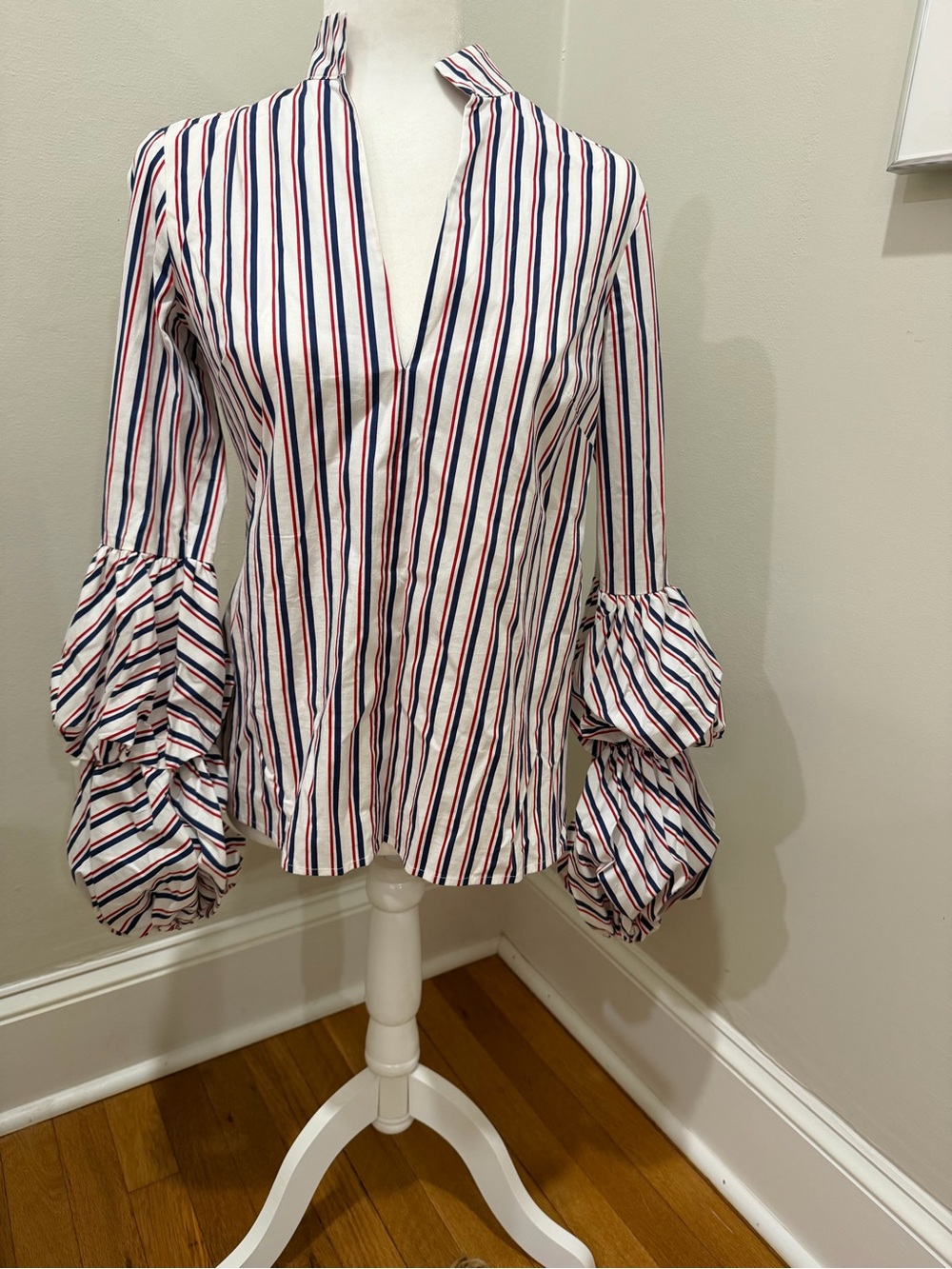 Greyson White Blouse with Navy & Red Stripes